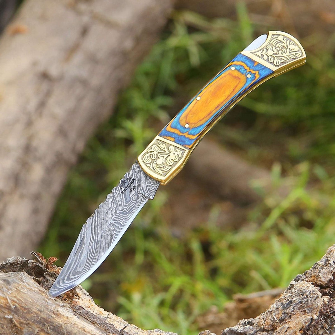 damascus handmade knives - Thundersteel Handmade Damascus EDC Folding Knife with Leather Sheath &amp; Pakkawood - Shokunin USA