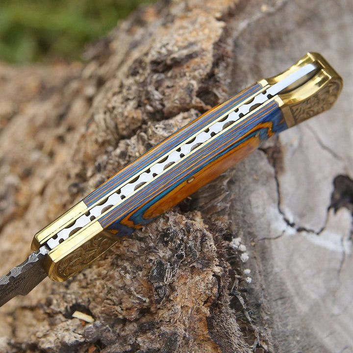 knives damascus - Thundersteel Handmade Damascus EDC Folding Knife with Leather Sheath &amp; Pakkawood Handle - Shokunin USA