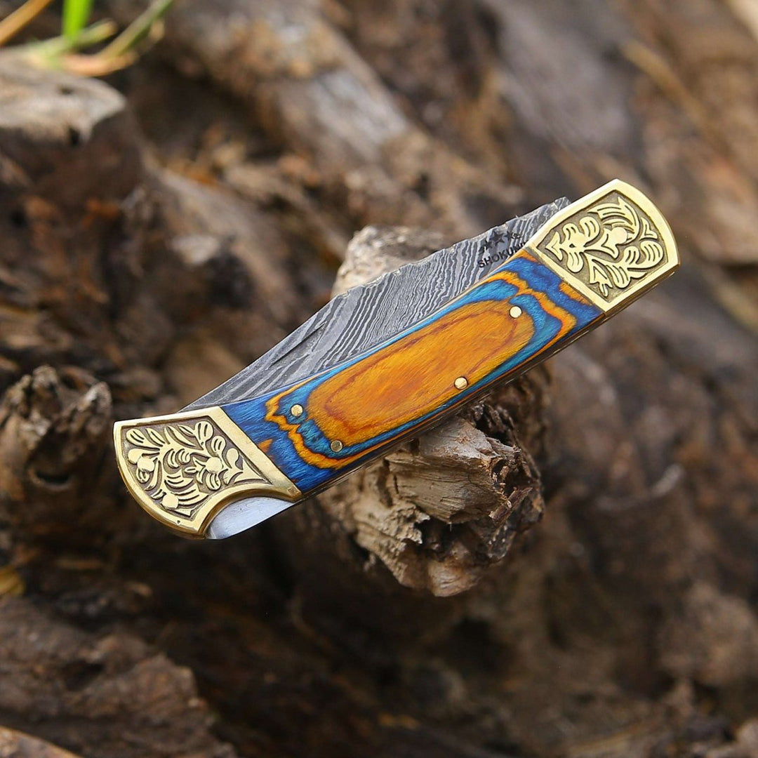 folding knife - Thundersteel Handmade Damascus EDC Folding Knife with Leather Sheath &amp; Pakkawood Handle - Shokunin USA
