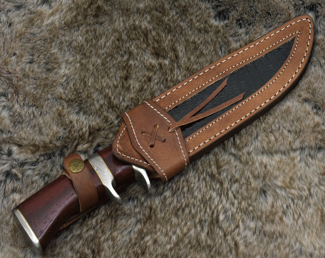 Tide Damascus knives - Tide Damascus Bowie Knife with Exotic Red Heart Wood Handle &amp; Sheath - Shokunin USA