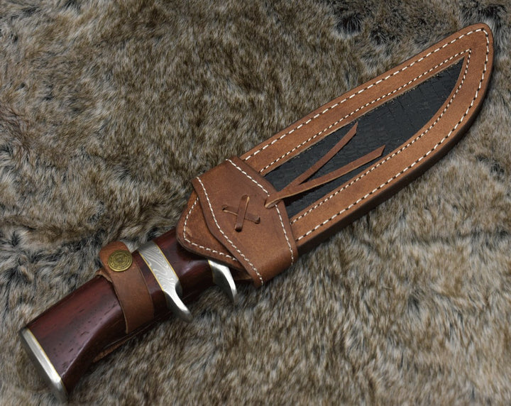 Tide Damascus knives - Tide Damascus Bowie Knife with Exotic Red Heart Wood Handle &amp; Sheath - Shokunin USA