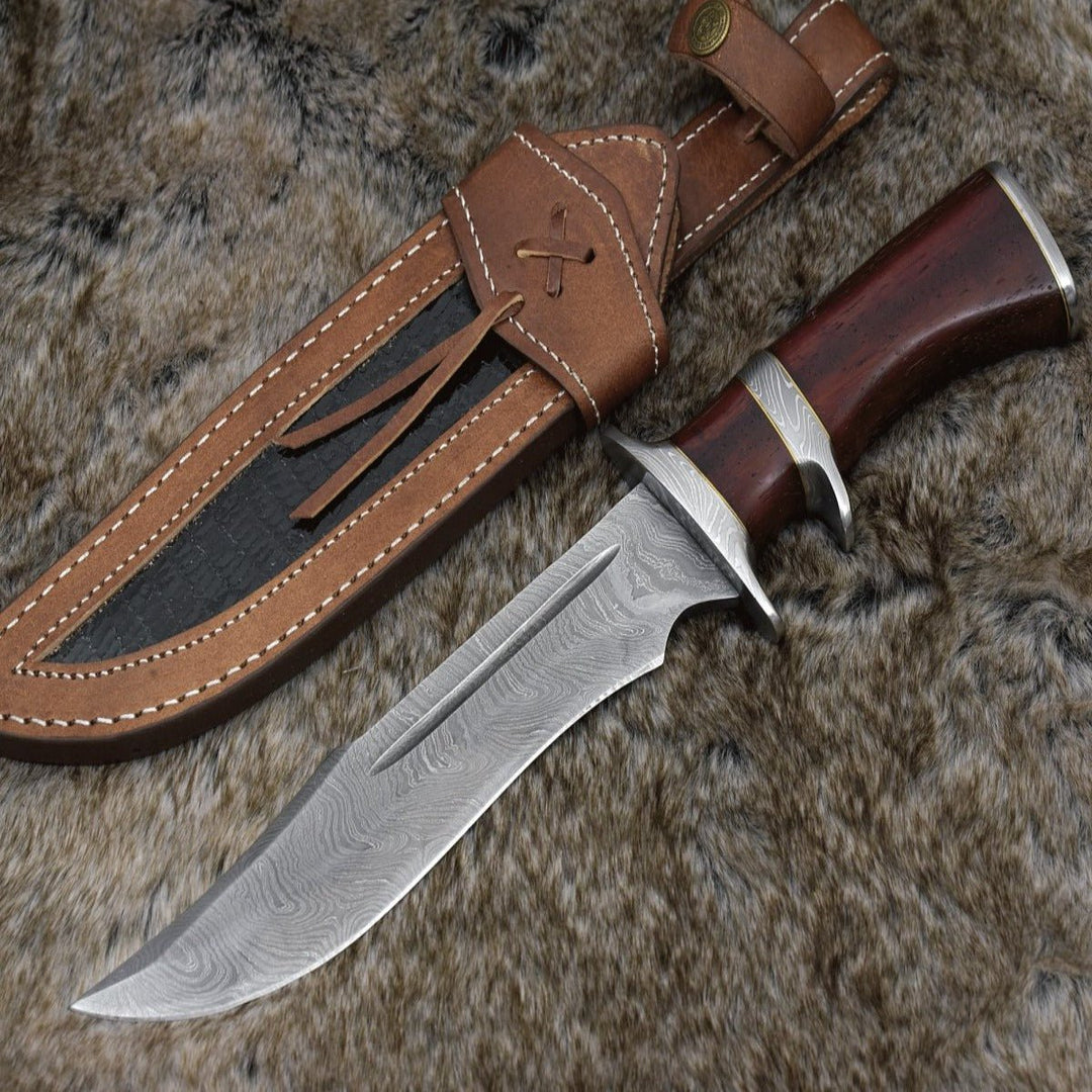 Tide Damascus Bowie Knife with Exotic Red Heart Wood Handle & Sheath - Shokunin USA