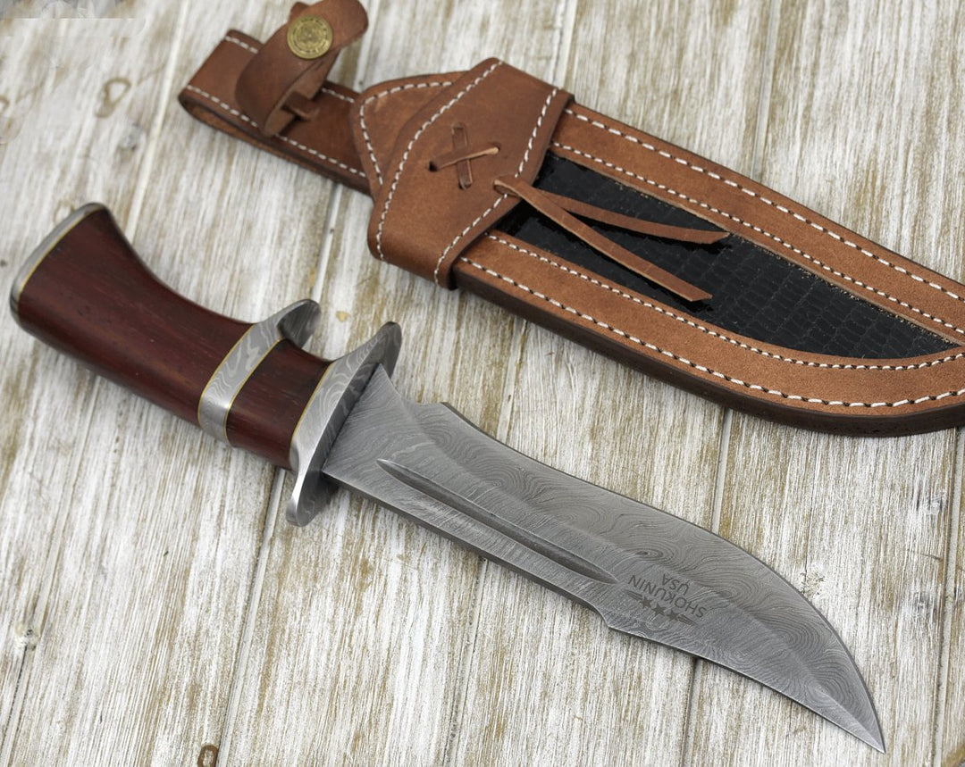 Tide Bowie Knife - Tide Damascus Bowie Knife with Exotic Red Heart Wood Handle &amp; Sheath - Shokunin USA