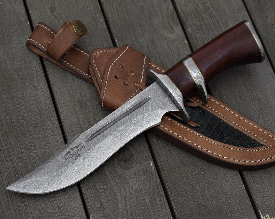 Tide Damascus Sheath - Tide Damascus Bowie Knife with Exotic Red Heart Wood Handle &amp; Sheath - Shokunin USA