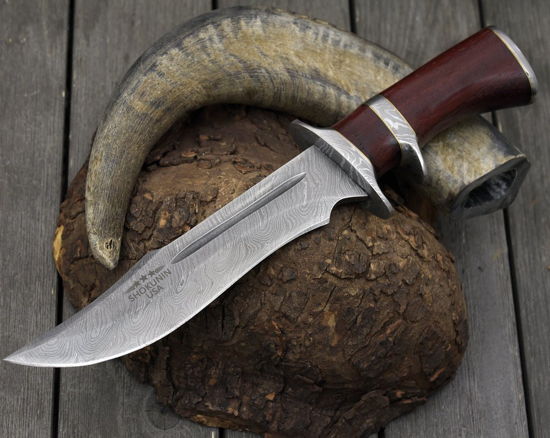 Tide Damascus Handle - Tide Damascus Bowie Knife with Exotic Red Heart Wood Handle &amp; Sheath - Shokunin USA