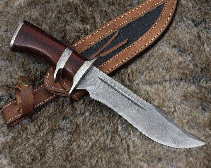 survival bowie knife - Tide Damascus Bowie Knife with Exotic Red Heart Wood Handle &amp; Sheath - Shokunin USA