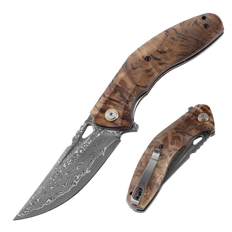 Tomahawk Japanese Handle - Tomahawk Japanese Damascus Pocket Knife with Clip and Exotic Olive Wood Handle - Shokunin USA