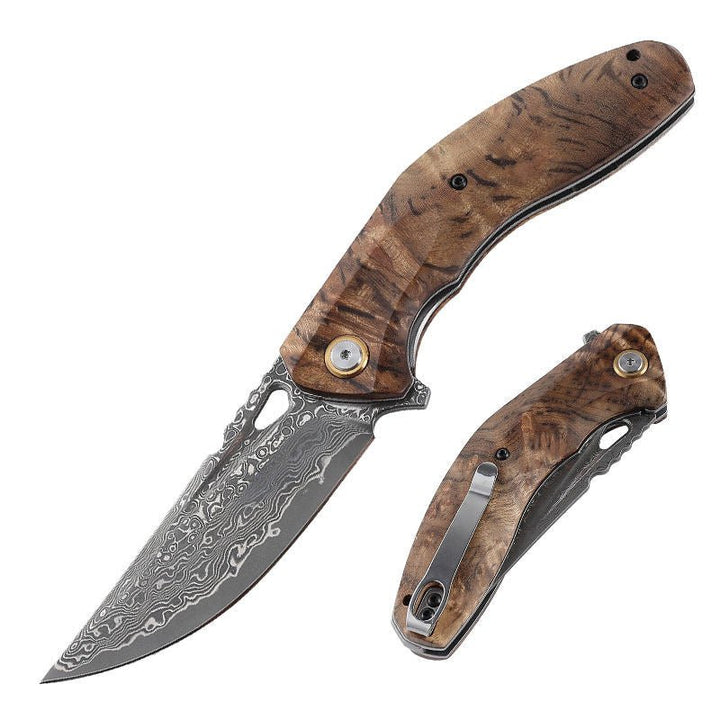 Tomahawk Japanese Handle - Tomahawk Japanese Damascus Pocket Knife with Clip and Exotic Olive Wood Handle - Shokunin USA