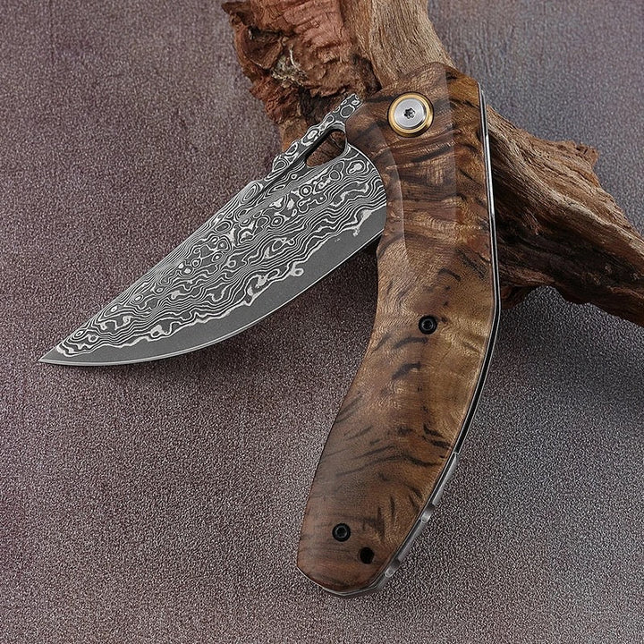 Tomahawk Damascus Knife - Tomahawk Japanese Damascus Pocket Knife with Clip and Exotic Olive - Shokunin USA