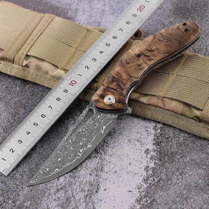 Tomahawk Pocket Handle - Tomahawk Japanese Damascus Pocket Knife with Clip and Exotic Olive Wood - Shokunin USA
