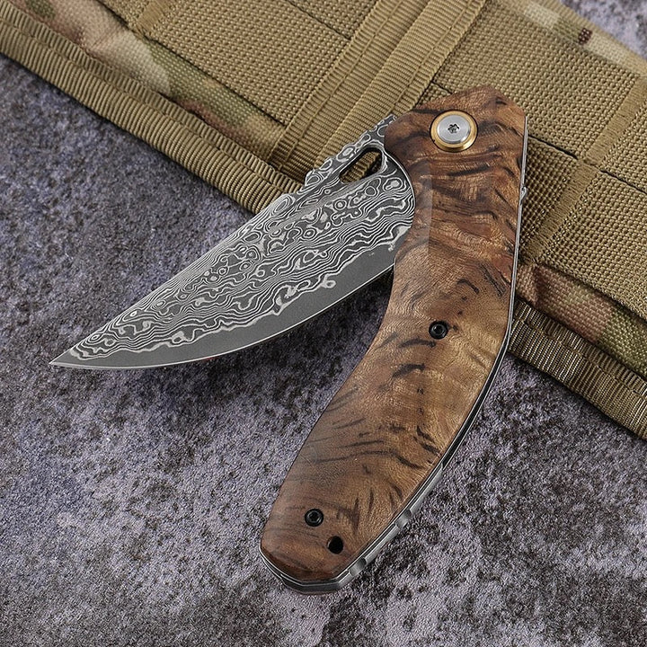 Tomahawk Pocket Knife - Tomahawk Japanese Damascus Pocket Knife with Clip and Exotic Olive Wood Handle - Shokunin USA