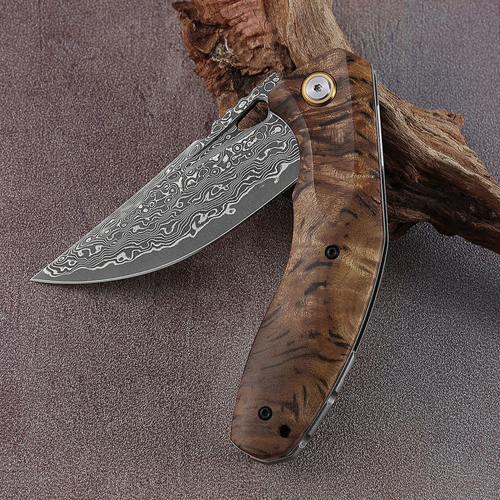 Tomahawk Japanese Knife - Tomahawk Japanese Damascus Pocket Knife with Clip and Exotic Olive Wood Handle - Shokunin USA