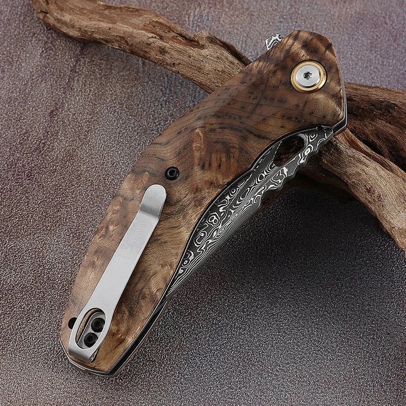 Tomahawk Damascus Handle - Tomahawk Japanese Damascus Pocket Knife with Clip and Exotic Olive Wood - Shokunin USA