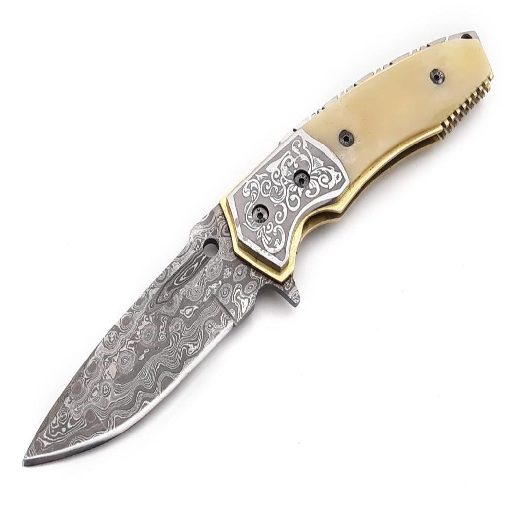 damascus utility knife - Trailblazer Damascus Pocket Knife with Bone Handle - Shokunin USA