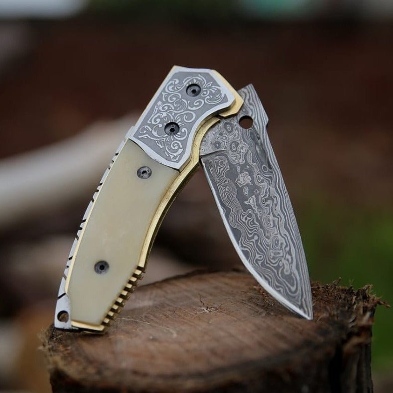 Trailblazer Damascus knives - Trailblazer Damascus Pocket Knife with Bone Handle - Shokunin USA