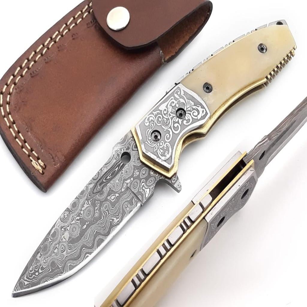 Trailblazer Damascus Pocket Knife with Bone Handle - Shokunin USA