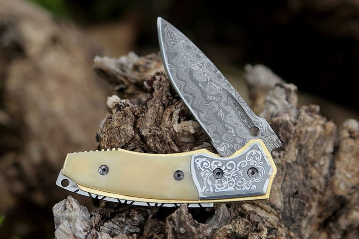 Trailblazer Pocket Handle - Trailblazer Damascus Pocket Knife with Bone Handle - Shokunin USA