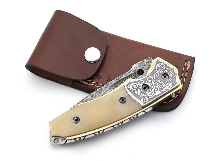 Trailblazer Knife knives - Trailblazer Damascus Pocket Knife with Bone Handle - Shokunin USA