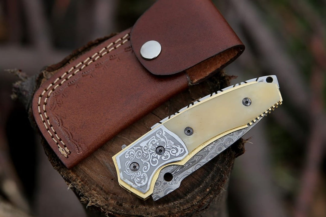 Trailblazer Pocket knives - Trailblazer Damascus Pocket Knife with Bone Handle - Shokunin USA