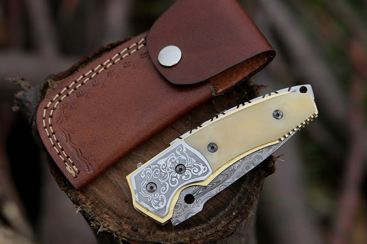 Trailblazer Pocket knives - Trailblazer Damascus Pocket Knife with Bone Handle - Shokunin USA