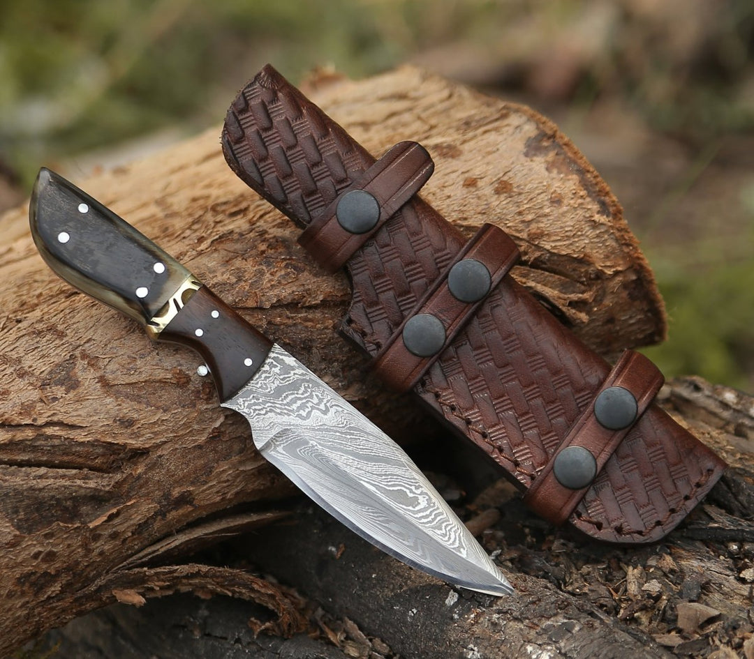 Trailseeker Every Damascus - Trailseeker Every Day Carry Knife with Ram Horn &amp; Rosewood Handle - Shokunin USA