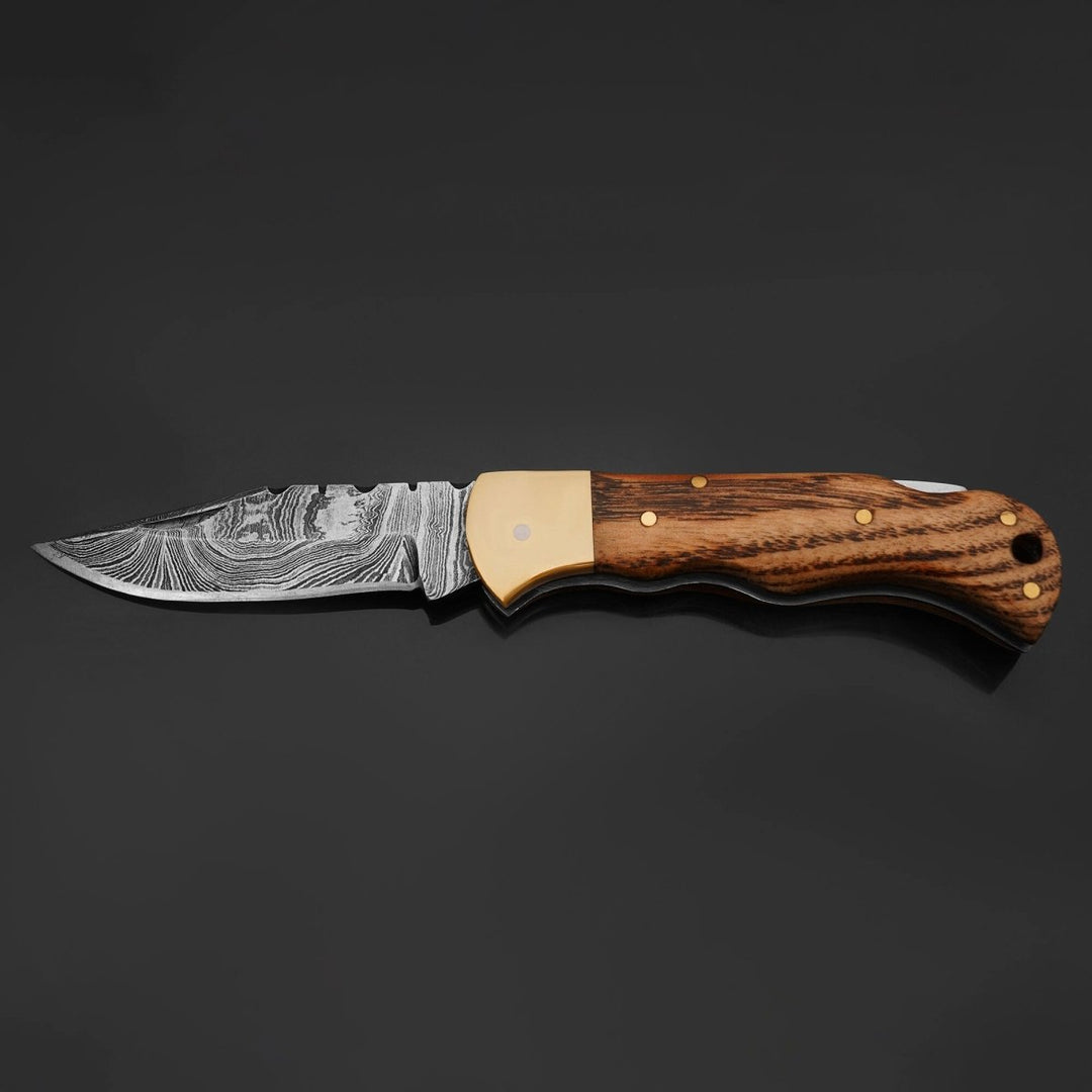Vanguard Damascus Handle - Vanguard Damascus Folding Knife with Charred Oak Handle - Shokunin USA