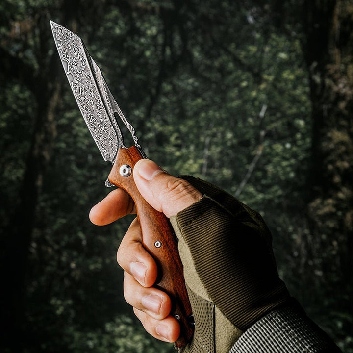Vengeance Pocket Handle - Vengeance Damascus Pocket Knife with Exotic Red Sandalwood Handle - Shokunin USA
