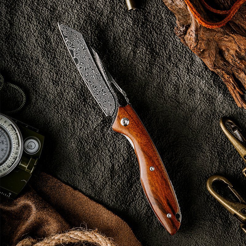 Vengeance Damascus Handle - Vengeance Damascus Pocket Knife with Exotic Red Sandalwood Handle - Shokunin USA