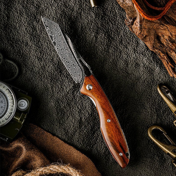 Vengeance Damascus Handle - Vengeance Damascus Pocket Knife with Exotic Red Sandalwood Handle - Shokunin USA