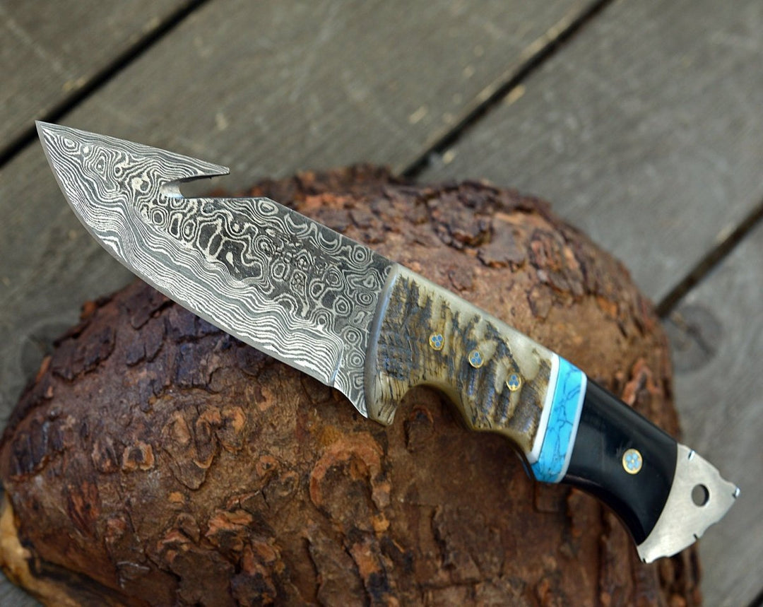 Vertex Gut knives - Vertex Damascus Gut Hook Knife with Ram Horn &amp; Turquoise Handle - Shokunin USA