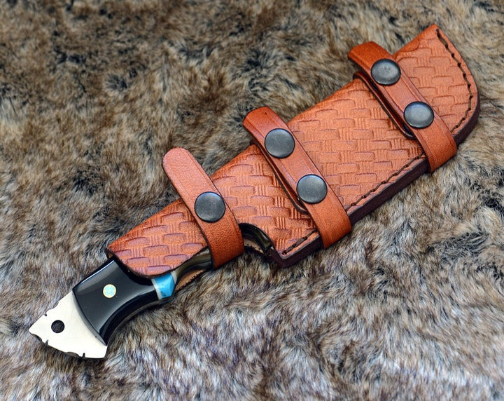 Vertex Knife Handle - Vertex Damascus Gut Hook Knife with Ram Horn &amp; Turquoise Handle - Shokunin USA
