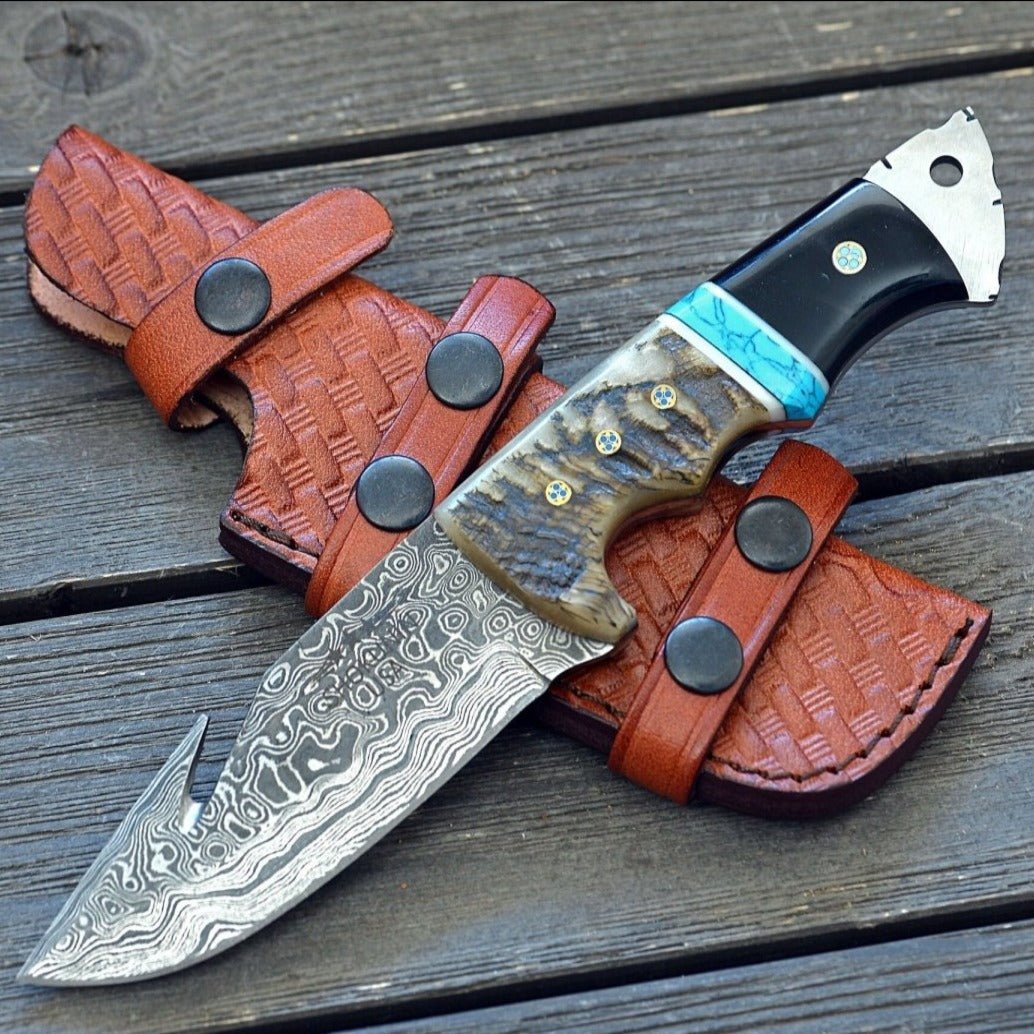 Vertex Damascus Gut Hook Knife with Ram Horn & Turquoise Handle - Shokunin USA