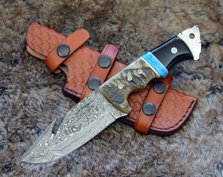 guthook knives - Vertex Damascus Gut Hook Knife with Ram Horn &amp; Turquoise Handle - Shokunin USA