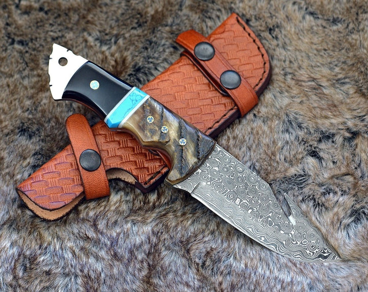 Vertex Hook Handle - Vertex Damascus Gut Hook Knife with Ram Horn &amp; Turquoise Handle - Shokunin USA
