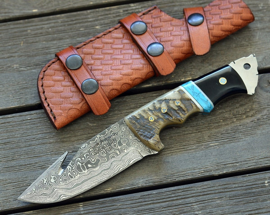 Vertex Hook knives - Vertex Damascus Gut Hook Knife with Ram Horn &amp; Turquoise Handle - Shokunin USA