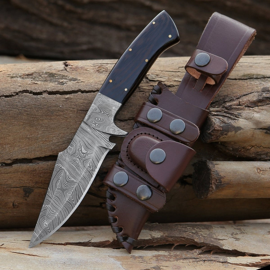 Vesper Damascus Sheath - Vesper Damascus Hunting Knife with Exotic Wenge Wood Handle &amp; Sheath - Shokunin USA