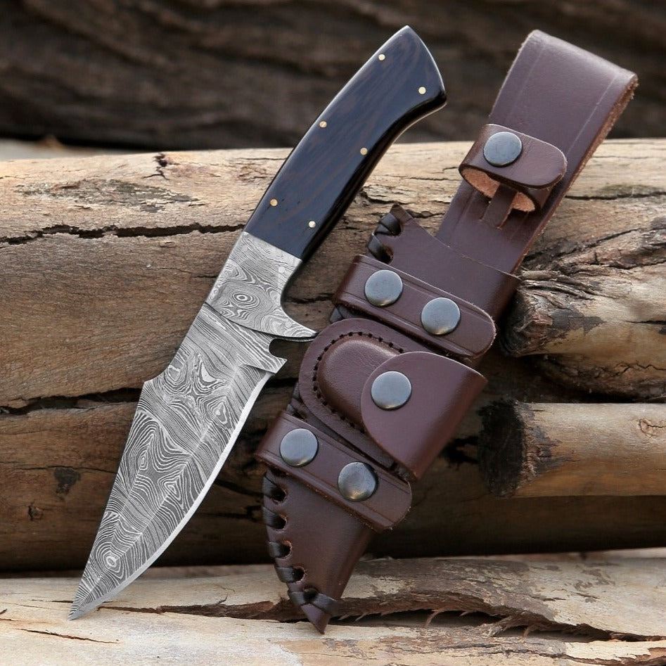Best Damascus Steel - Vesper Damascus Hunting Knife with Exotic Wenge Wood Handle & Sheath - Shokunin USA