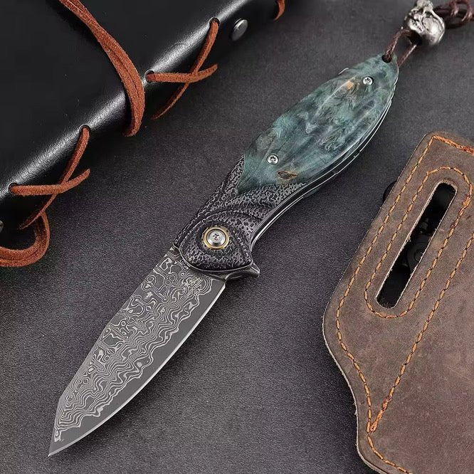 Viper Japanese Knife - Viper Japanese Damascus Pocket Knife with Stained Maple Burl Handle - Shokunin USA