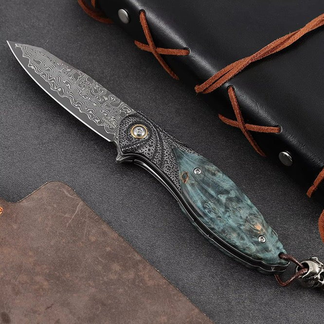 Viper Japanese knives - Viper Japanese Damascus Pocket Knife with Stained Maple Burl Handle - Shokunin USA