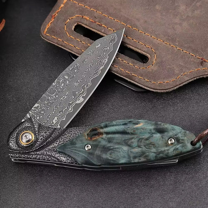 Viper Damascus Knife - Viper Japanese Damascus Pocket Knife with Stained Maple Burl Handle - Shokunin USA