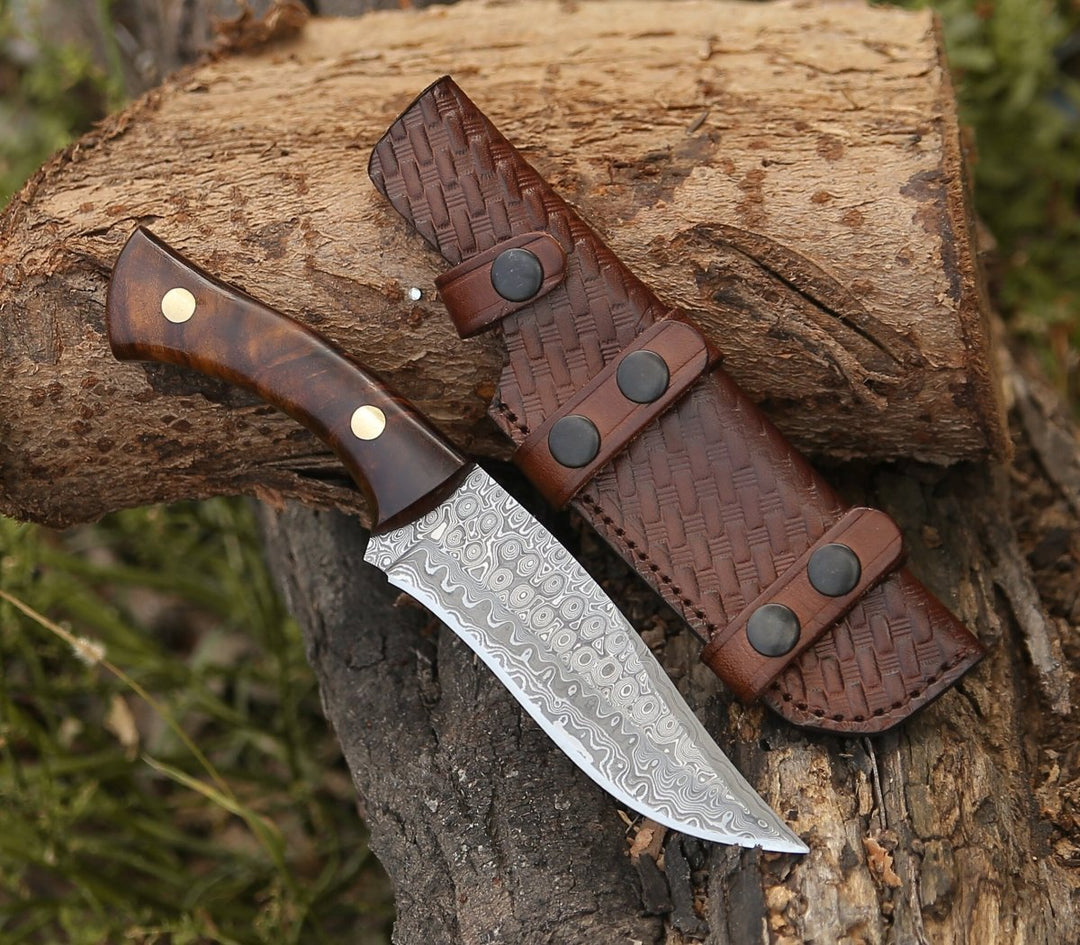 Virtue Damascus Handle - Virtue Damascus Hunting Knife Fixed Blade with Exotic Rose Wood Handle - Shokunin USA