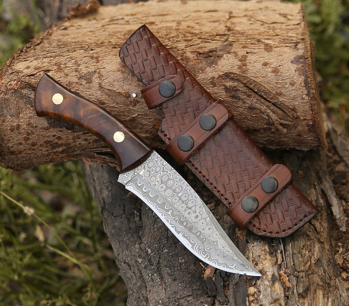 Virtue Damascus Handle - Virtue Damascus Hunting Knife Fixed Blade with Exotic Rose Wood Handle - Shokunin USA
