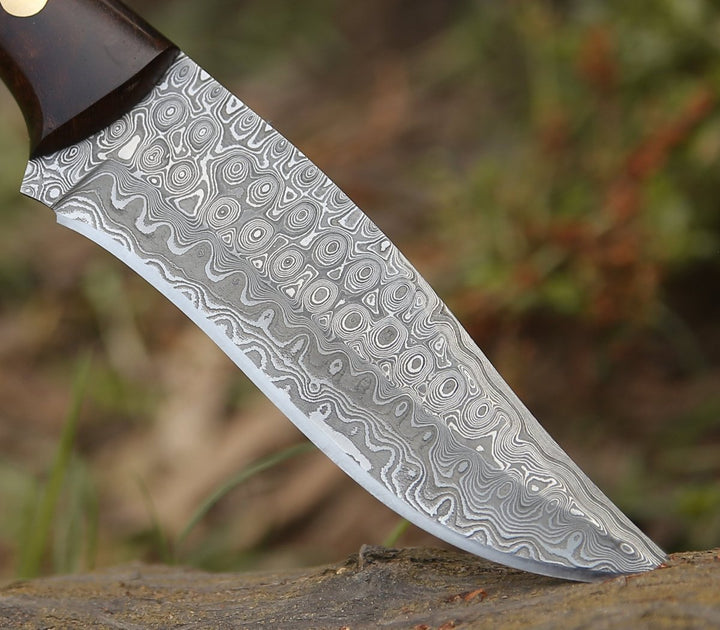 Virtue Hunting Blade - Virtue Damascus Hunting Knife Fixed Blade with Exotic Rose Wood Handle - Shokunin USA
