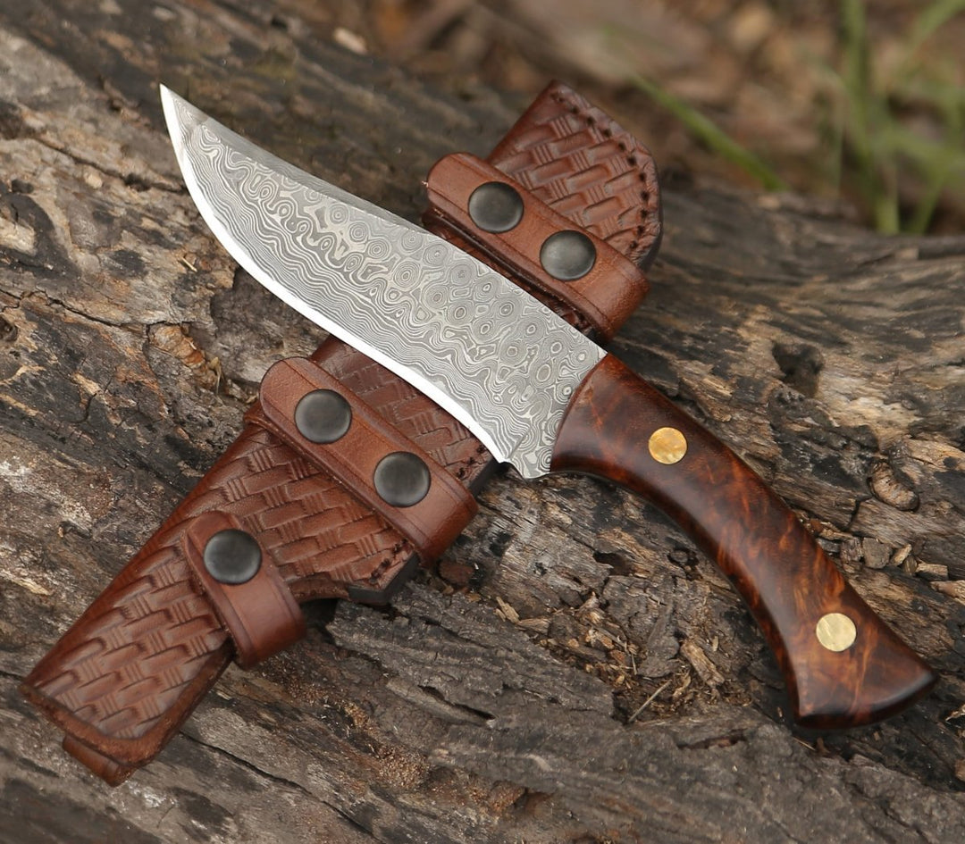 Virtue Damascus knives - Virtue Damascus Hunting Knife Fixed Blade with Exotic Rose Wood Handle - Shokunin USA