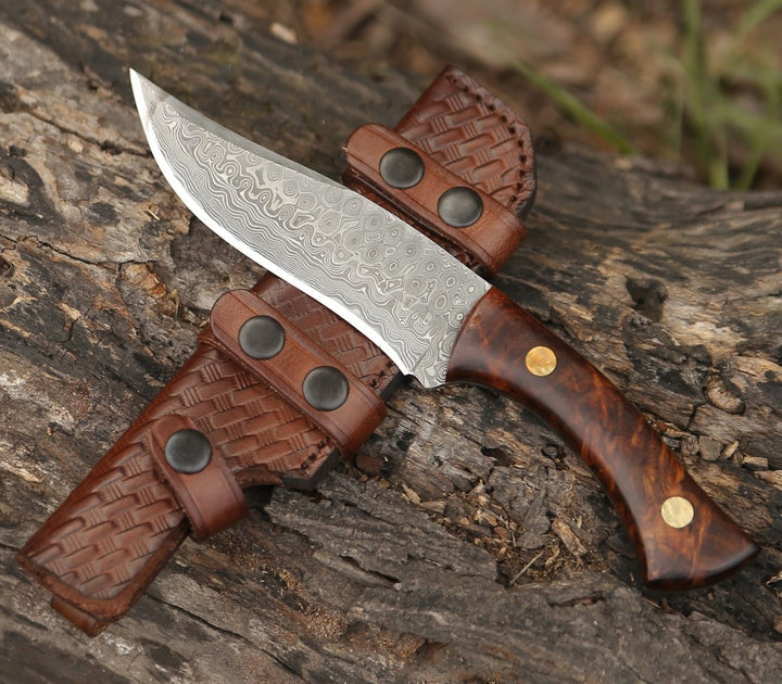 Virtue Damascus knives - Virtue Damascus Hunting Knife Fixed Blade with Exotic Rose Wood Handle - Shokunin USA