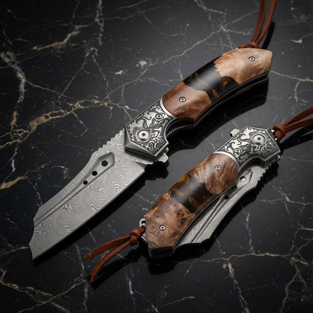 Volver Damascus Pocket Knife with Exotic Olive Burl Wood & Resin Handle - Shokunin USA