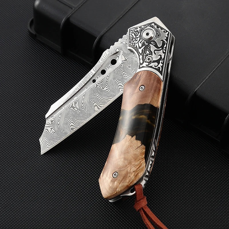 Volver Damascus Handle - Volver Damascus Pocket Knife with Exotic Olive Burl Wood &amp; Resin Handle - Shokunin USA