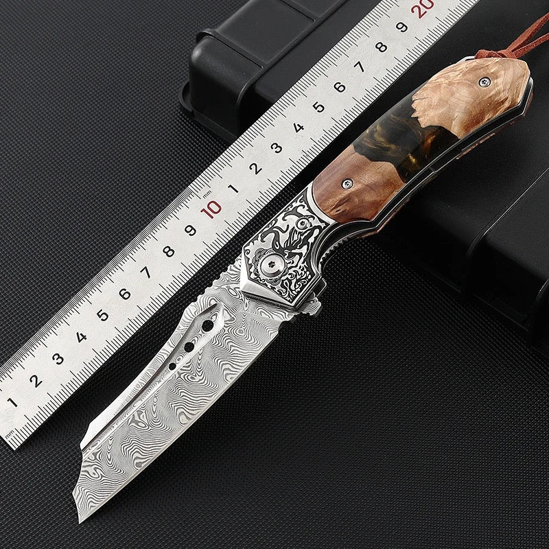 Volver Pocket Knife - Volver Damascus Pocket Knife with Exotic Olive Burl Wood &amp; Resin Handle - Shokunin USA