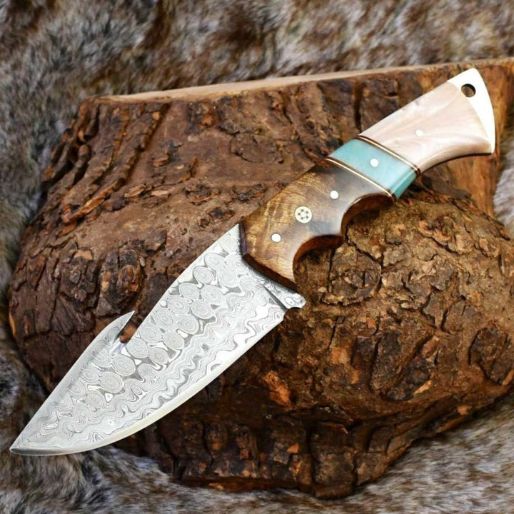 Voyager Damascus Knife - Voyager Damascus Gut Hook Knife with Exotic Rose Wood and Mother of Pearl Handle - Shokunin USA