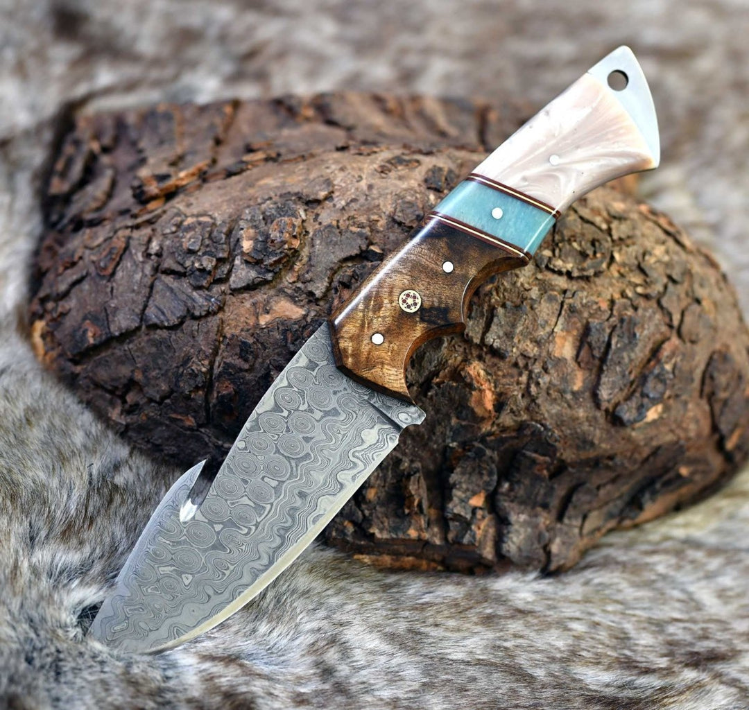 Voyager Gut Knife - Voyager Damascus Gut Hook Knife with Exotic Rose Wood and Mother of Pearl Handle - Shokunin USA